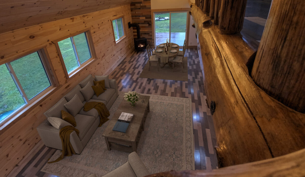 top of stairs to fireplace