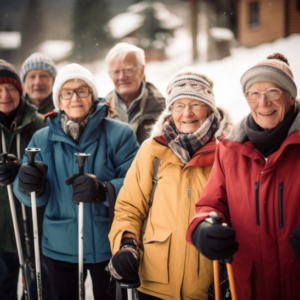 Group of seniors walking together outdoors, enjoying leisure time and staying active