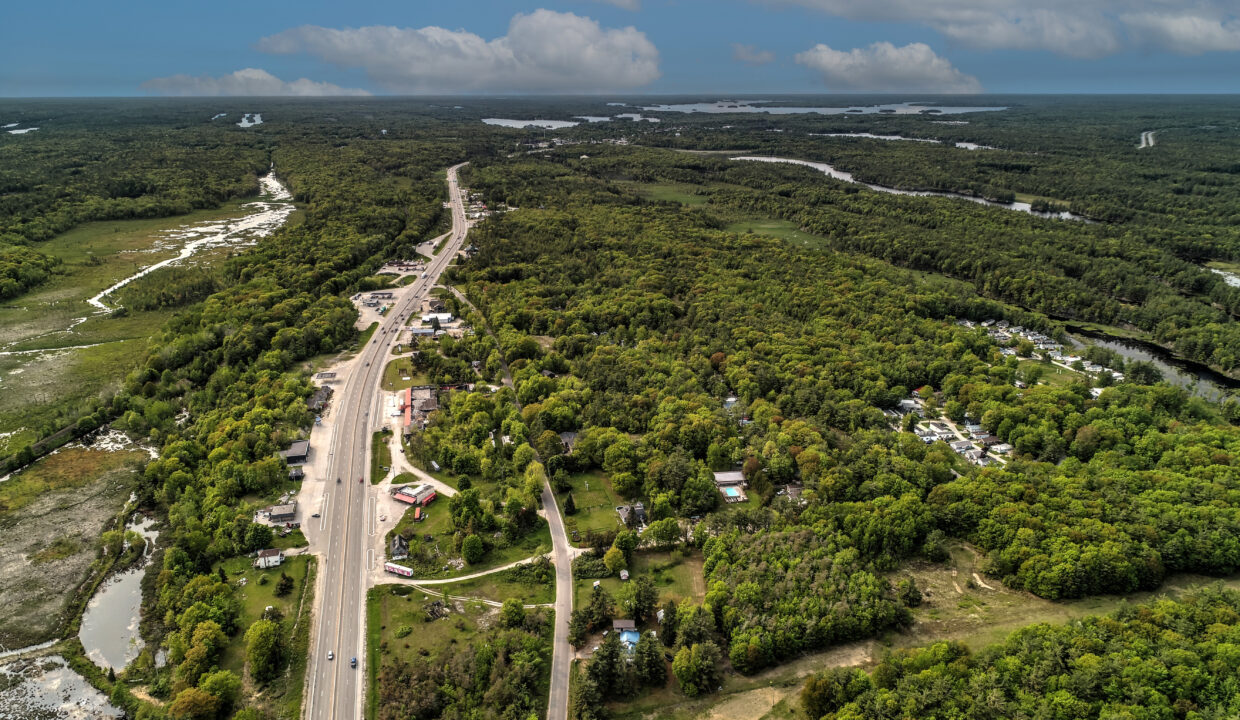 Muskoka Store - Aerial looking north from bridge to gravenhurst with lake in distance (1)
