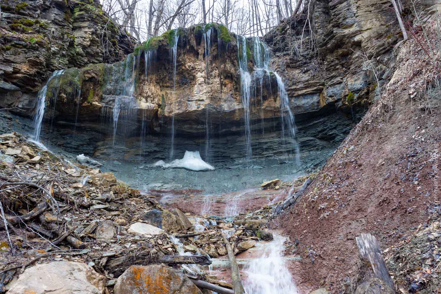 Hilts Falls amphitheater waterfall with winter ice Beaver Valley Grey County Ontario