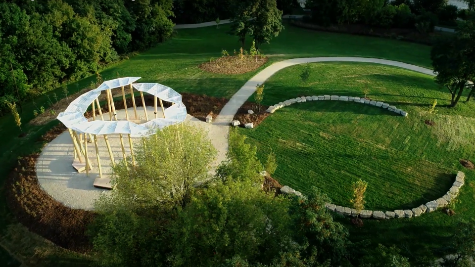 Aerial view of the Awen Gathering Place in Harbourview Park, Collingwood