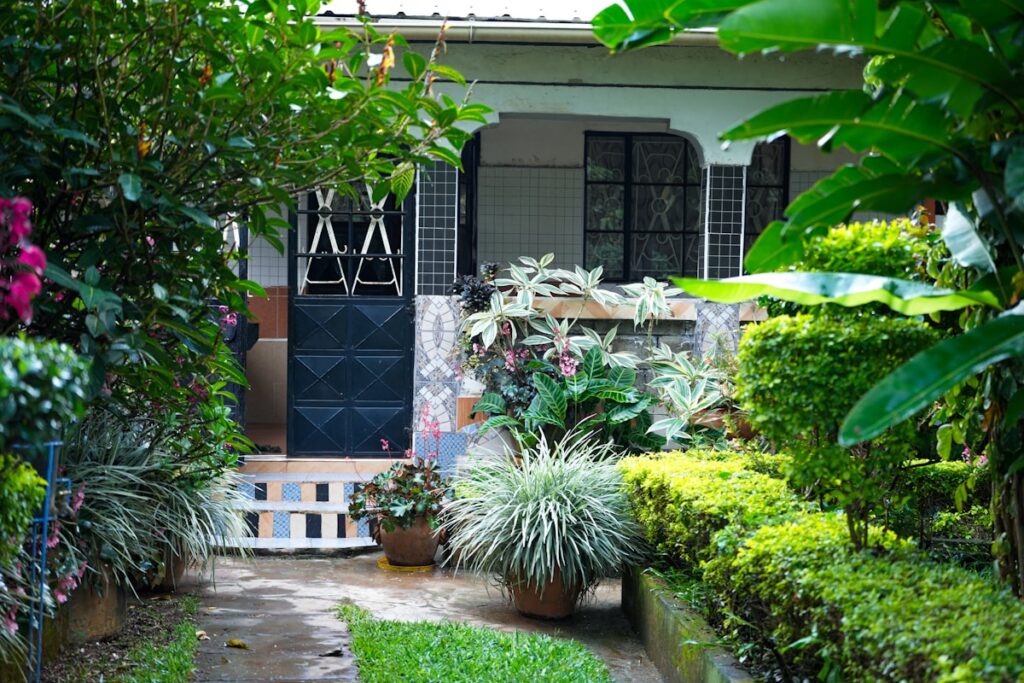 Fresh front entry with landscaping and garden path